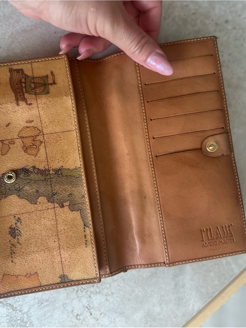 Vintage Alviero Martini Tan Leather Map-Print Long Unisex Wallet